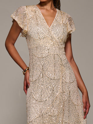 Frill Short Sleeve Sequin Maxi Dress, Gold