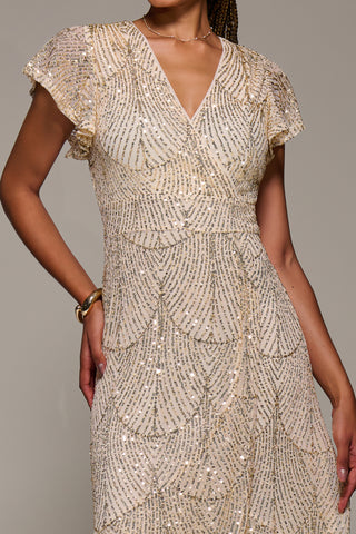 Frill Short Sleeve Sequin Maxi Dress, Gold