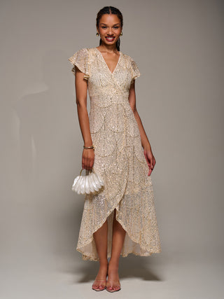 Frill Short Sleeve Sequin Maxi Dress, Gold