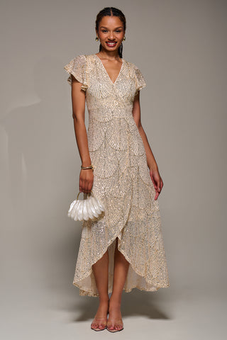 Frill Short Sleeve Sequin Maxi Dress, Gold