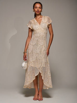 Frill Short Sleeve Sequin Maxi Dress, Gold