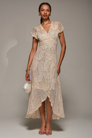 Frill Short Sleeve Sequin Maxi Dress, Gold