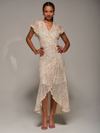 Frill Short Sleeve Sequin Maxi Dress, Gold