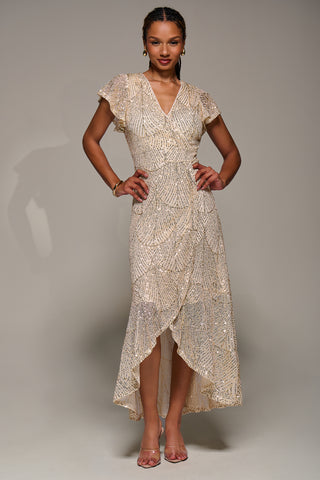 Frill Short Sleeve Sequin Maxi Dress, Gold