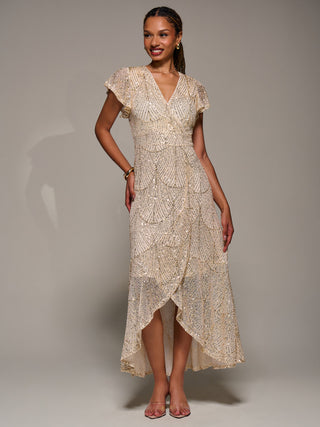 Frill Short Sleeve Sequin Maxi Dress, Gold