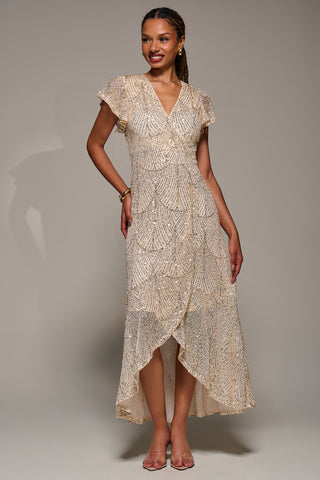 Frill Short Sleeve Sequin Maxi Dress, Gold