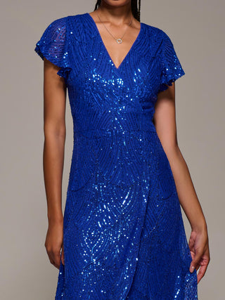 Frill Short Sleeve Sequin Maxi Dress, Royal Blue