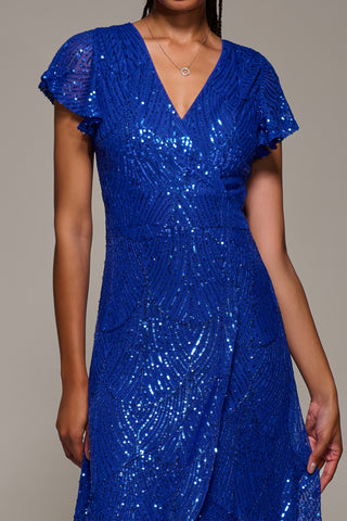 Frill Short Sleeve Sequin Maxi Dress, Royal Blue