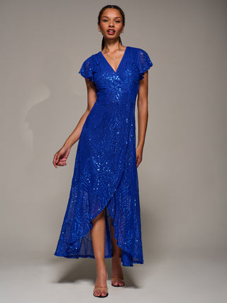 Frill Short Sleeve Sequin Maxi Dress, Royal Blue