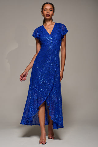Frill Short Sleeve Sequin Maxi Dress, Royal Blue