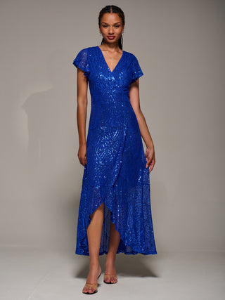 Frill Short Sleeve Sequin Maxi Dress, Royal Blue