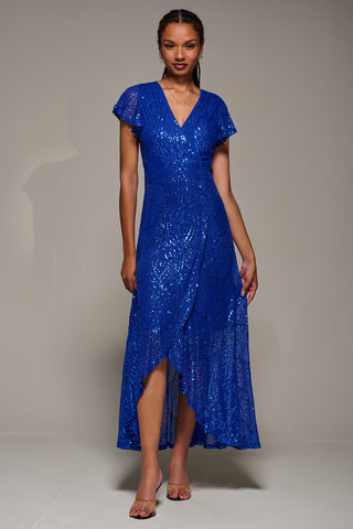 Frill Short Sleeve Sequin Maxi Dress, Royal Blue