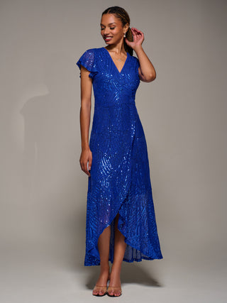 Frill Short Sleeve Sequin Maxi Dress, Royal Blue