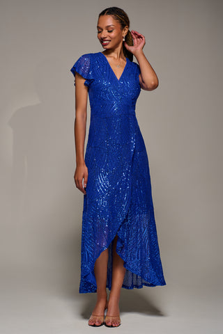 Frill Short Sleeve Sequin Maxi Dress, Royal Blue