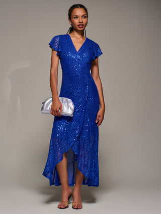 Frill Short Sleeve Sequin Maxi Dress, Royal Blue