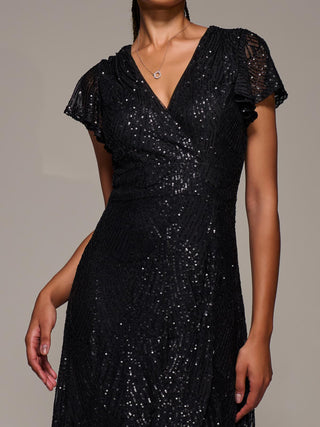 Frill Short Sleeve Sequin Maxi Dress, Satin Black