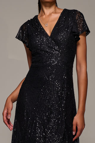 Frill Short Sleeve Sequin Maxi Dress, Satin Black