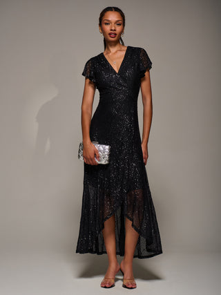 Frill Short Sleeve Sequin Maxi Dress, Satin Black