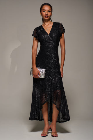 Frill Short Sleeve Sequin Maxi Dress, Satin Black