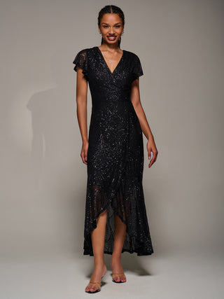 Frill Short Sleeve Sequin Maxi Dress, Satin Black