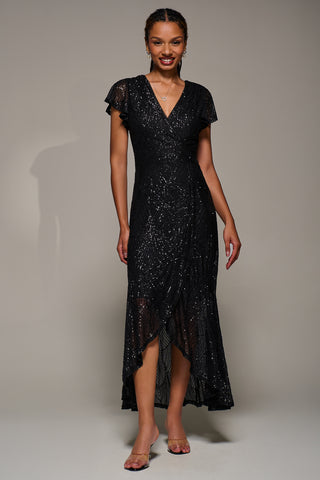 Frill Short Sleeve Sequin Maxi Dress, Satin Black