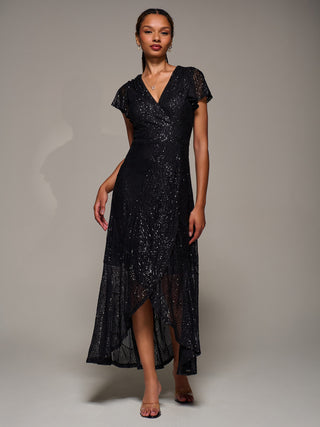 Frill Short Sleeve Sequin Maxi Dress, Satin Black