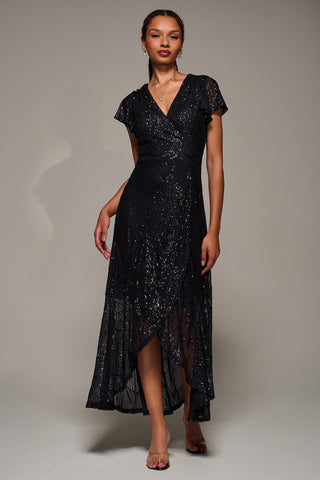 Frill Short Sleeve Sequin Maxi Dress, Satin Black