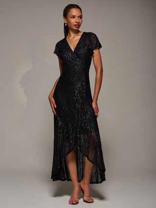 Frill Short Sleeve Sequin Maxi Dress, Satin Black