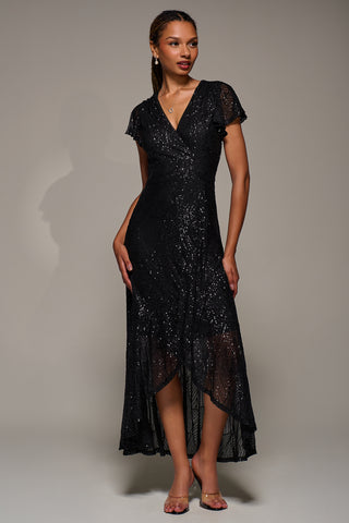 Frill Short Sleeve Sequin Maxi Dress, Satin Black