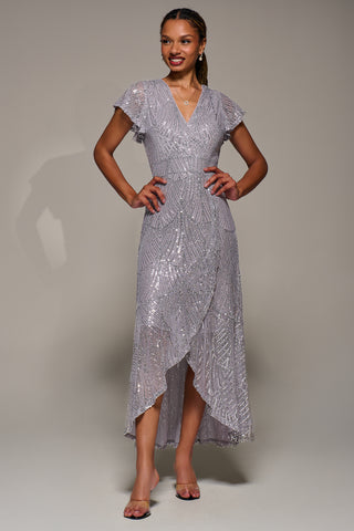 Frill Short Sleeve Sequin Maxi Dress, Silver Grey Jolie Moi Retail Frill Short Sleeve Sequin Maxi Dress, Silver Grey Jolie Moi Retail