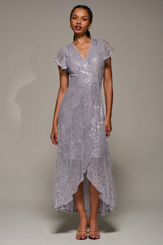 Frill Short Sleeve Sequin Maxi Dress, Silver Grey