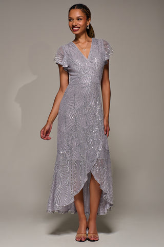 Frill Short Sleeve Sequin Maxi Dress, Silver Grey