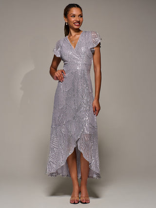 Frill Short Sleeve Sequin Maxi Dress, Silver Grey