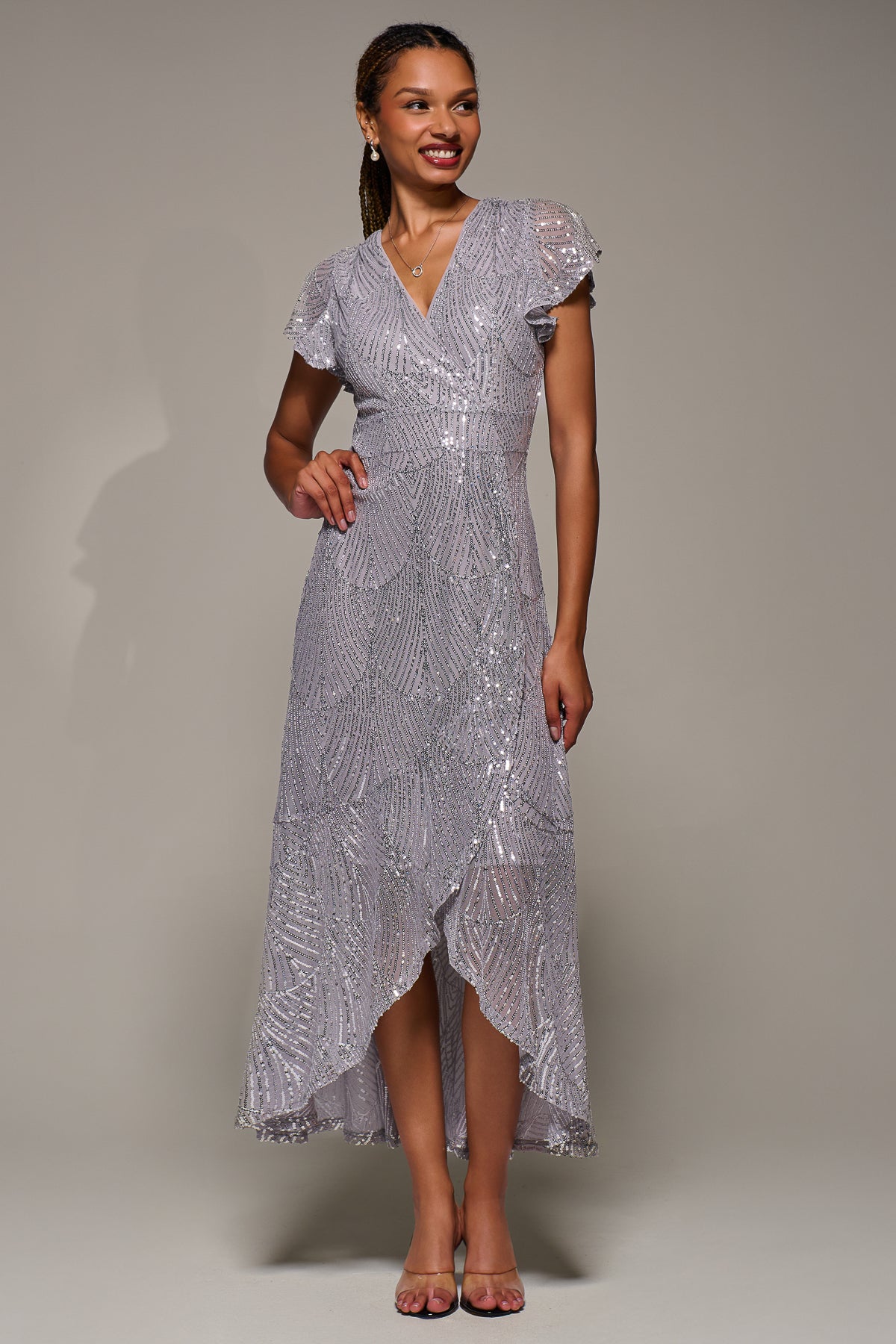 Frill Short Sleeve Sequin Maxi Dress, Silver Grey – Jolie Moi Retail