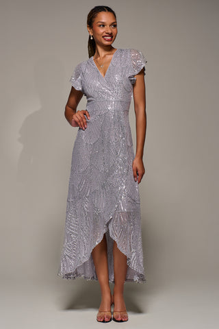 Frill Short Sleeve Sequin Maxi Dress, Silver Grey