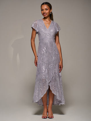 Frill Short Sleeve Sequin Maxi Dress, Silver Grey