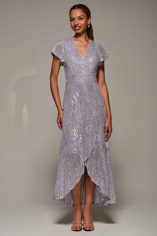 Frill Short Sleeve Sequin Maxi Dress, Silver Grey