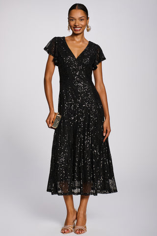 Sequin V-Neck Fit & Flare Maxi Dress, Black