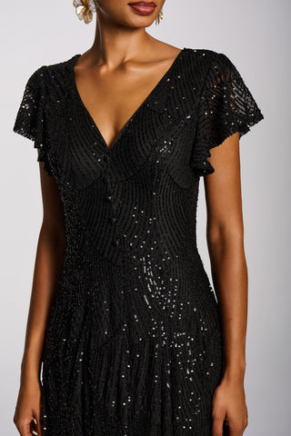 Sequin V-Neck Fit & Flare Maxi Dress, Black