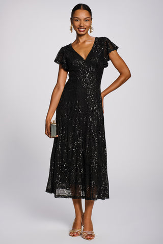 Sequin V-Neck Fit & Flare Maxi Dress, Black