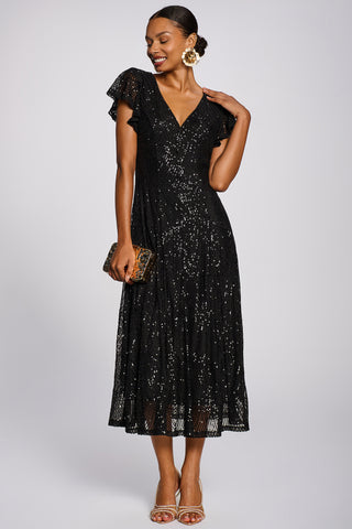 Sequin V-Neck Fit & Flare Maxi Dress, Black