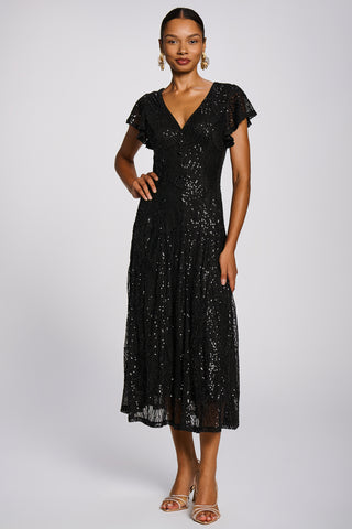 Sequin V-Neck Fit & Flare Maxi Dress, Black