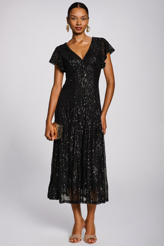 Sequin V-Neck Fit & Flare Maxi Dress, Black