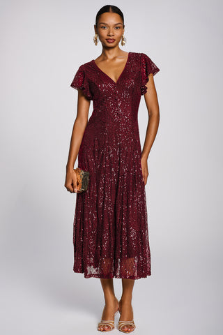 Sequin V-Neck Fit & Flare Maxi Dress, Burgundy