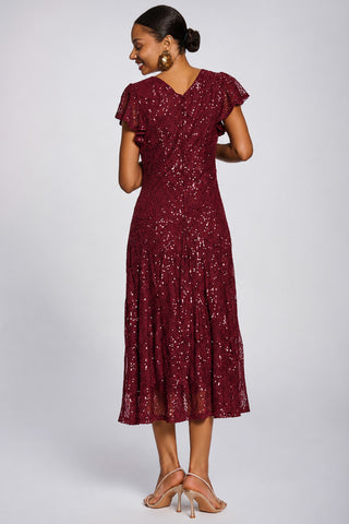 Sequin V-Neck Fit & Flare Maxi Dress, Burgundy