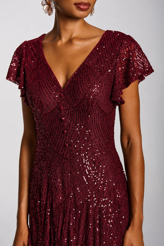 Sequin V-Neck Fit & Flare Maxi Dress, Burgundy