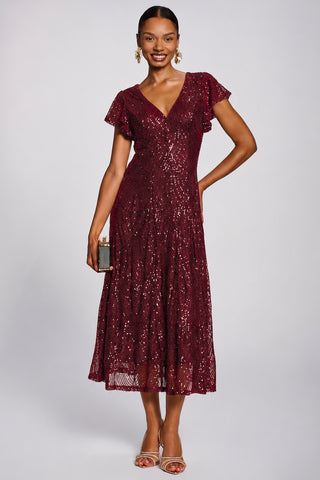 Sequin V-Neck Fit & Flare Maxi Dress, Burgundy
