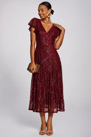 Sequin V-Neck Fit & Flare Maxi Dress, Burgundy