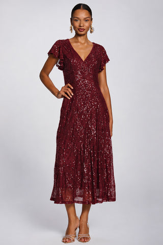 Sequin V-Neck Fit & Flare Maxi Dress, Burgundy