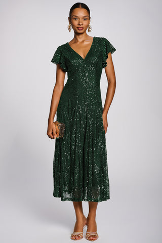 Sequin V-Neck Fit & Flare Maxi Dress, Dark Green